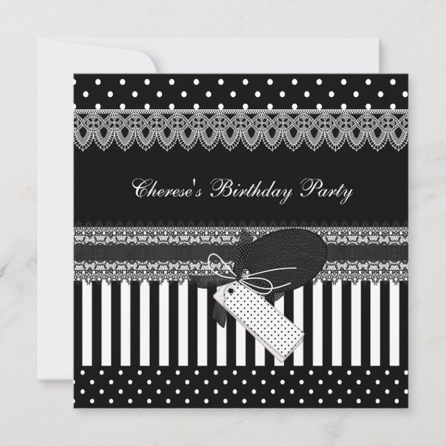 Invitación Fiesta de Cumpleaños Lunares Blancos y Negros Raya (Anverso)