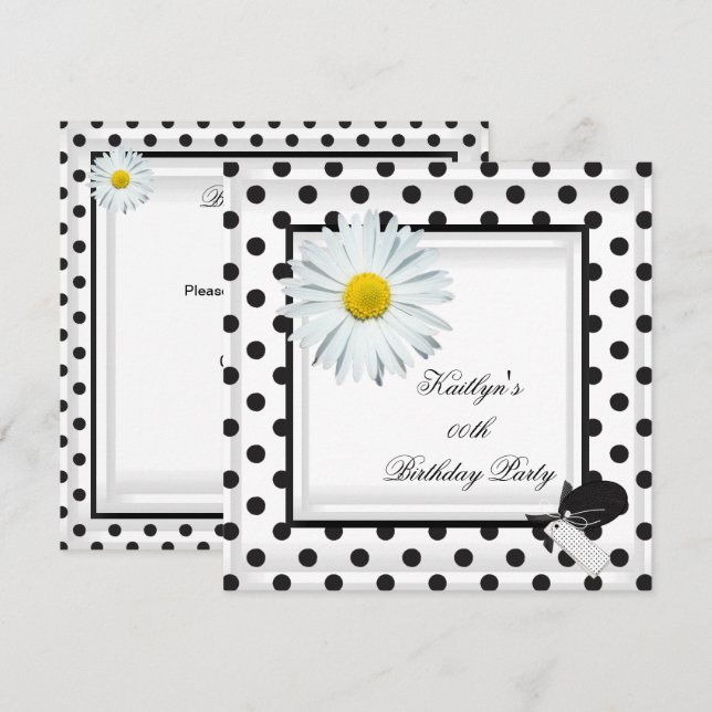 Invitación Fiesta de Cumpleaños Lunares Negros Blancos Margar (Anverso / Reverso)