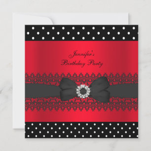 Invitación Fiesta de Cumpleaños Lunares Negros Rojos Lazo