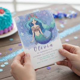 Invitación Fiesta de cumpleaños mágica de sirena azul y púrpu