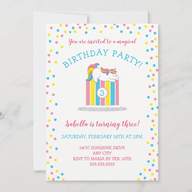 Invitación Fiesta de cumpleaños mágica del unicornio del (Anverso)