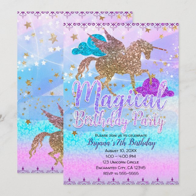 Invitación Fiesta de Cumpleaños Mágica Unicornio Volador Bril (Anverso / Reverso)