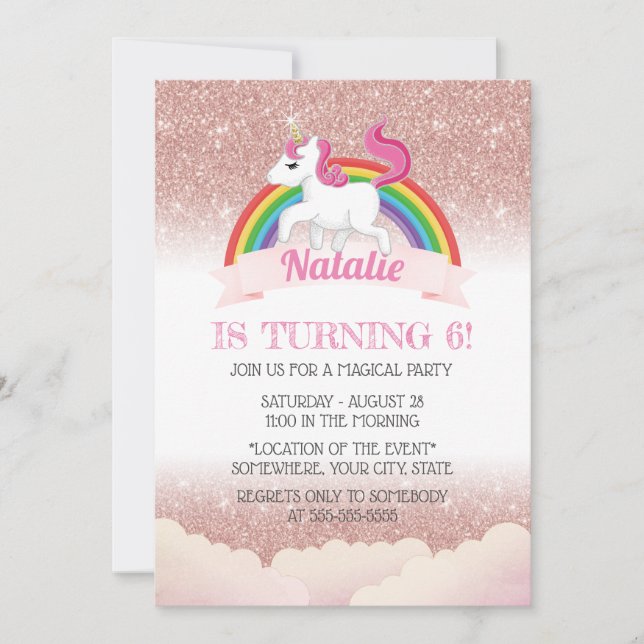 Invitación Fiesta de Cumpleaños Mágica Unicornio y Arcoíris R (Anverso)