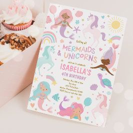 Invitación Fiesta De Cumpleaños Mágico De Sirena Y Unicornio