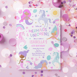 Invitación Fiesta De Cumpleaños Mágico De Sirena Y Unicornio