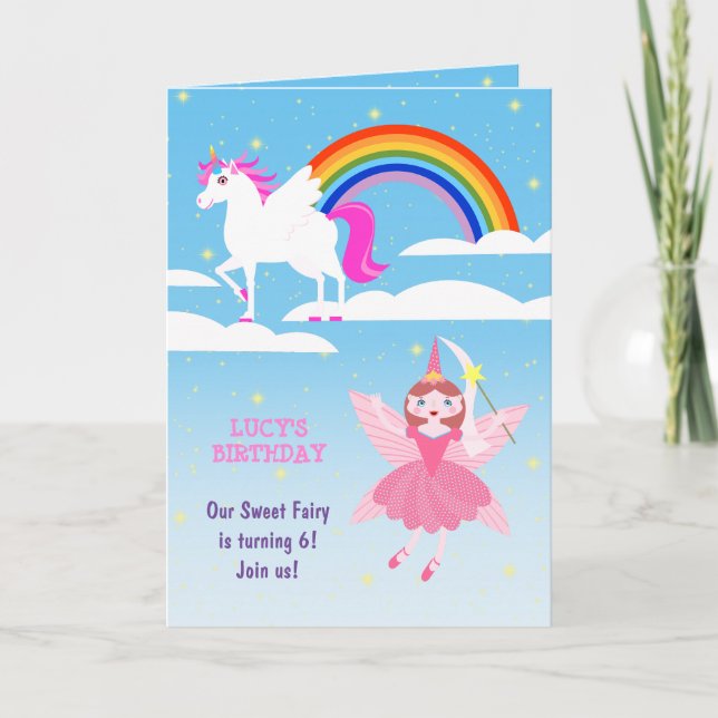Invitación Fiesta de cumpleaños mágico de unicornio y hadas (Anverso)