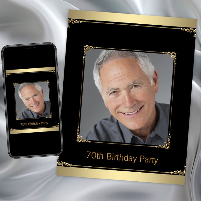 Invitación Fiesta de cumpleaños Mans Black y Gold (Mans black gold any birthday party invitation. Instant download and printed invitations available.)