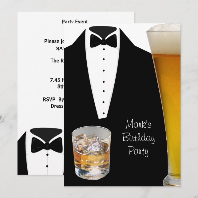 Invitación Fiesta de Cumpleaños Mans Mens Beer Scotch Tuxedo (Anverso / Reverso)