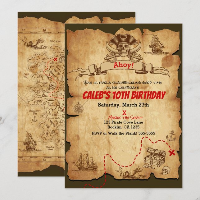 Invitación Fiesta de Cumpleaños Mapa del Tesoro Antiguo Pirat (Anverso / Reverso)