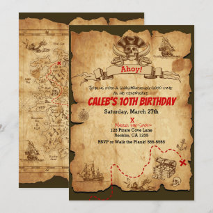 Invitación Fiesta de Cumpleaños Mapa del Tesoro Antiguo Pirat