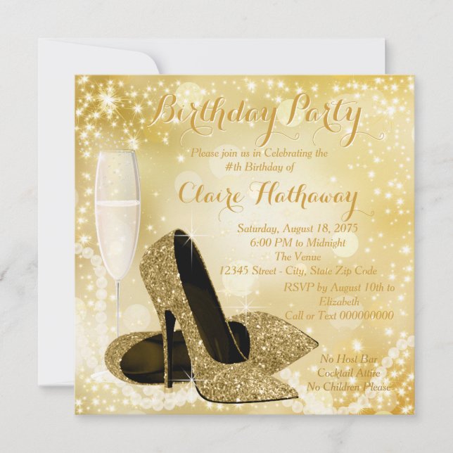 Invitación Fiesta de Cumpleaños Marfil y Dorado para Mujer (Anverso)