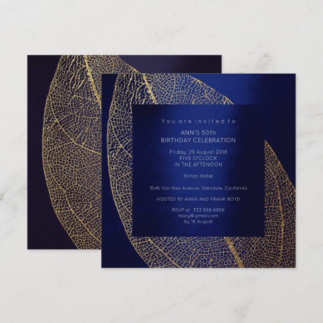 Invitación Fiesta de cumpleaños marina azul del oro de la (Anverso / Reverso)
