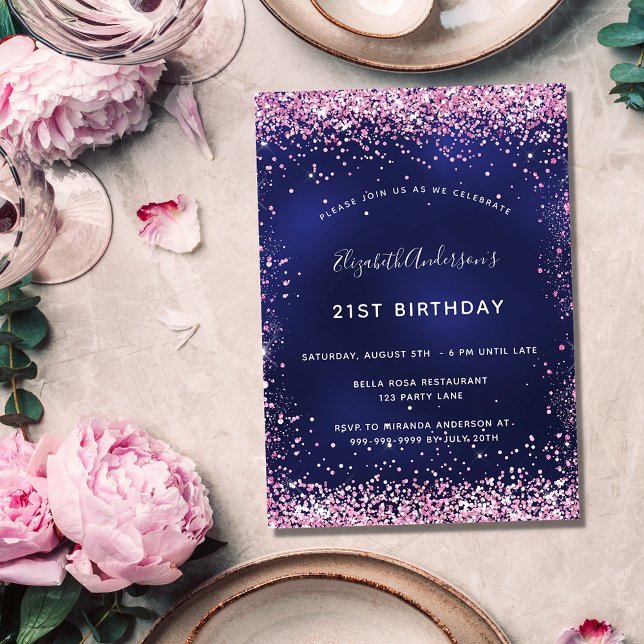 Invitación Fiesta de cumpleaños marina azul rosa glamoroso (Subido por el creador)