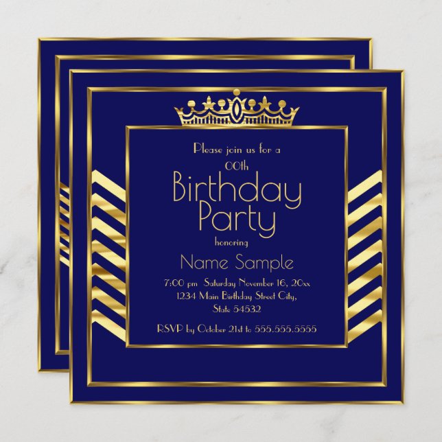 Invitación Fiesta de cumpleaños Marina Oro Azul Crown Art Dec (Anverso / Reverso)