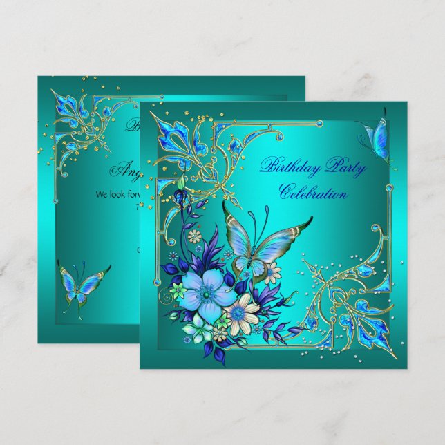 Invitación Fiesta de Cumpleaños Mariposa Azul Real Turquesa (Anverso / Reverso)