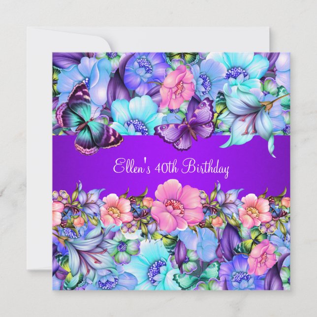 Invitación Fiesta de Cumpleaños Mariposa Azul Teal Morado Ros (Anverso)