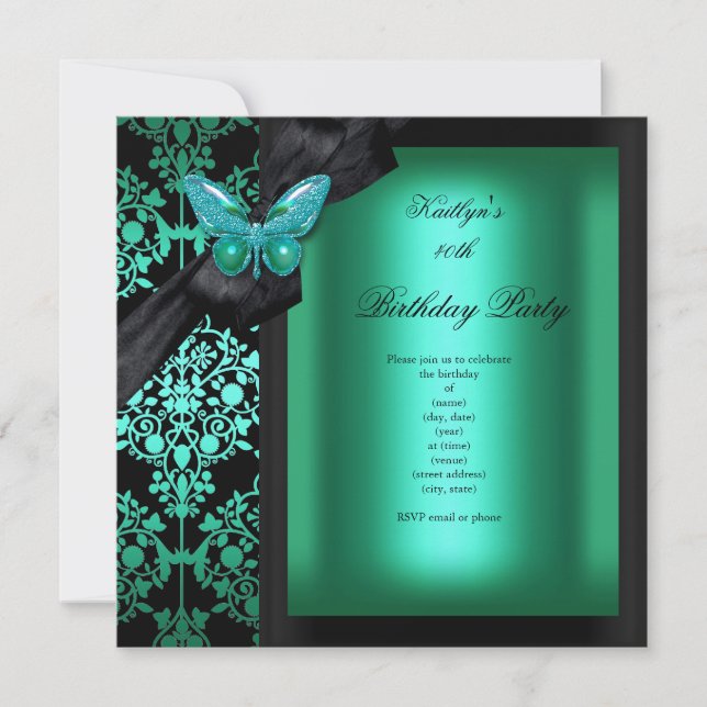 Invitación Fiesta de Cumpleaños Mariposa de Damasco Verde Jad (Anverso)