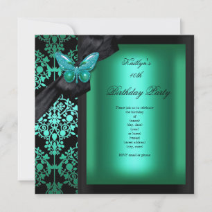 Invitación Fiesta de Cumpleaños Mariposa de Damasco Verde Jad