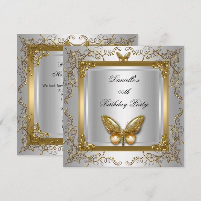 Invitación Fiesta de Cumpleaños Mariposa de Plata Blanco Oro (Anverso / Reverso)