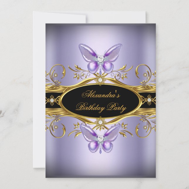 Invitación Fiesta de Cumpleaños Mariposa Joya Negra de Oro Pú (Anverso)