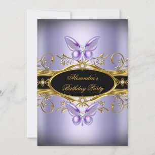 Invitación Fiesta de Cumpleaños Mariposa Joya Negra de Oro Pú