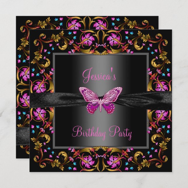Invitación Fiesta de Cumpleaños Mariposa Negra Rosa Floral (Anverso / Reverso)