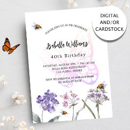 Invitación Fiesta de cumpleaños mariposa violeta flores silve