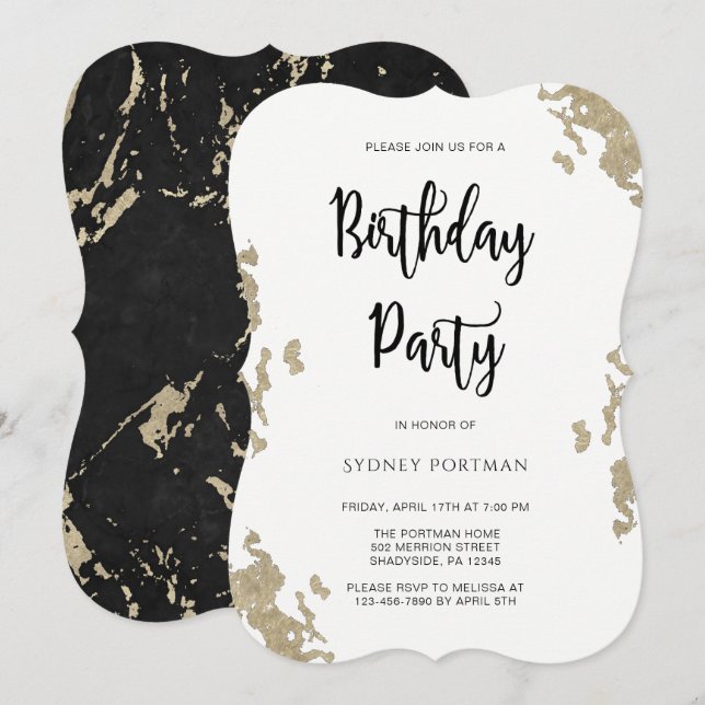 Invitación Fiesta de Cumpleaños Mármol Negro y Blanco Falso O (Anverso / Reverso)