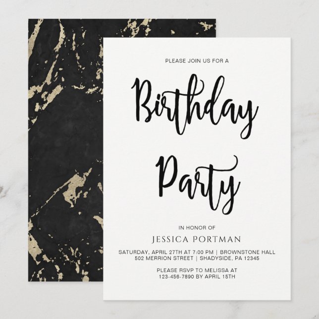 Invitación Fiesta de Cumpleaños Mármol Negro y Blanco Falso O (Anverso / Reverso)