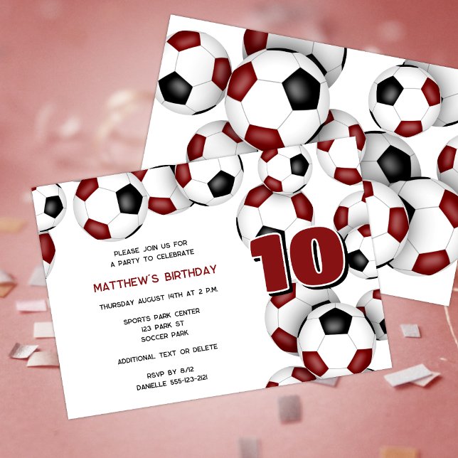 Invitación fiesta de cumpleaños maroon black soccer ball (Subido por el creador)