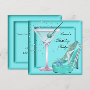 Invitación Fiesta de Cumpleaños Martini Aqua Azul Turquesa
