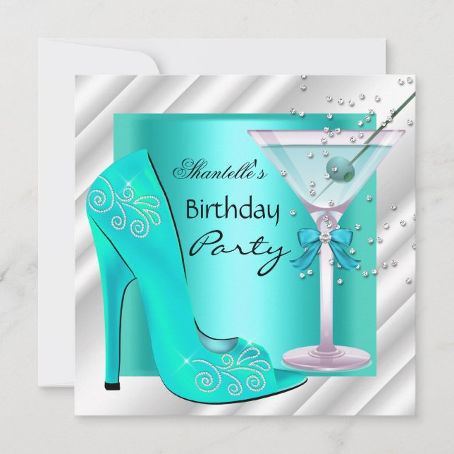 Invitación Fiesta de Cumpleaños Martini Azul Teal Blanco (Anverso)