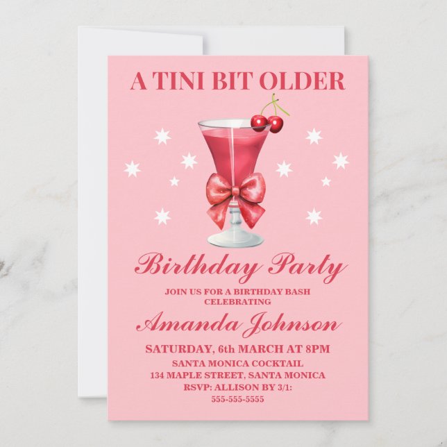 Invitación Fiesta de cumpleaños Martini, editable A Tini Bit (Anverso)
