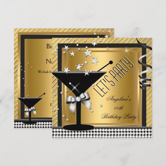 Invitación Fiesta de Cumpleaños Martini Negro Plata Dorado (Anverso / Reverso)