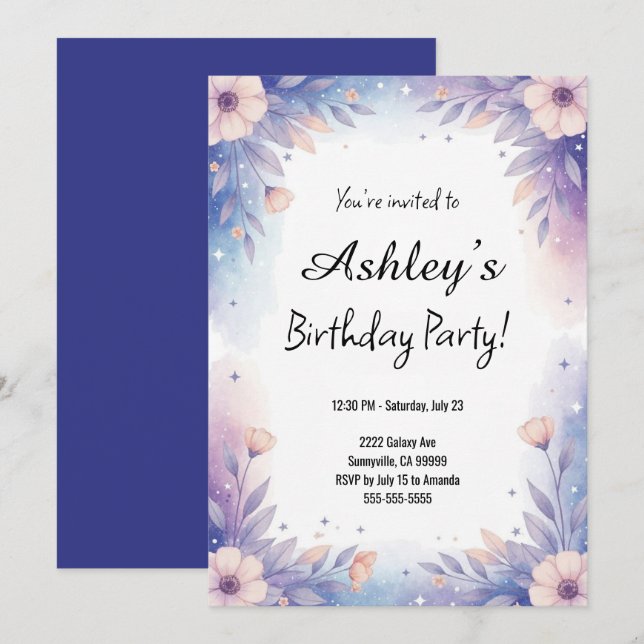 Invitación Fiesta de cumpleaños más baja para los Chicas azul (Anverso / Reverso)