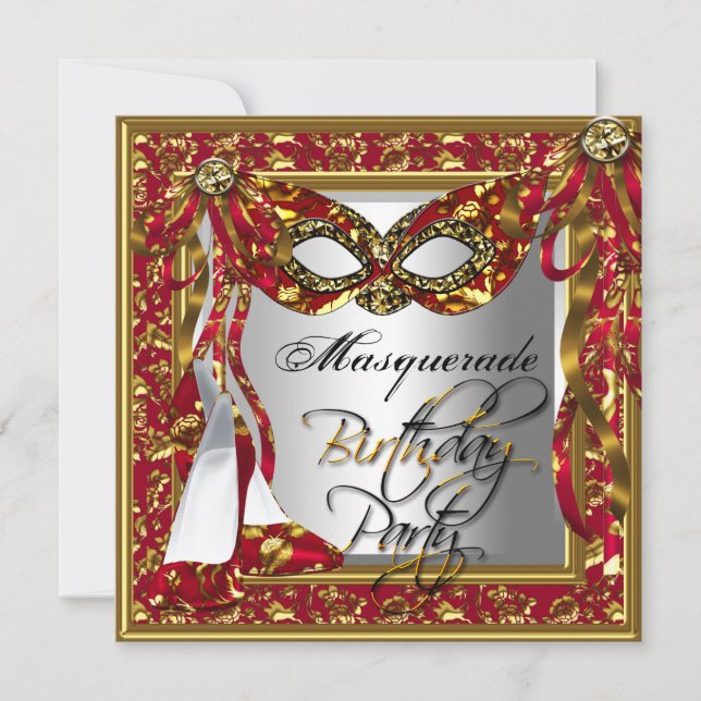 Invitación Fiesta de Cumpleaños Máscara de Gala Roja Dorada D (Anverso)