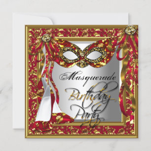 Invitación Fiesta de Cumpleaños Máscara de Gala Roja Dorada D