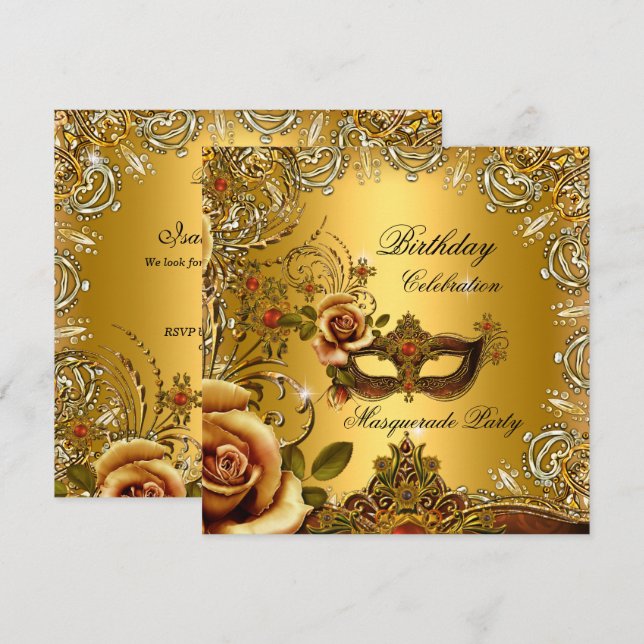 Invitación Fiesta de Cumpleaños Máscara Dorada de Mascarada (Anverso / Reverso)