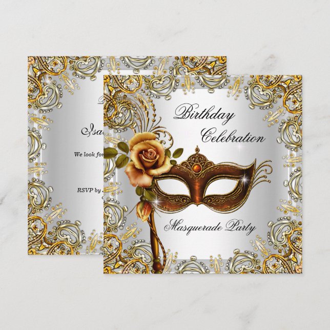 Invitación Fiesta de Cumpleaños Máscara Dorada de Mascarada (Anverso / Reverso)