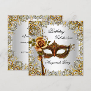 Invitación Fiesta de Cumpleaños Máscara Dorada de Mascarada