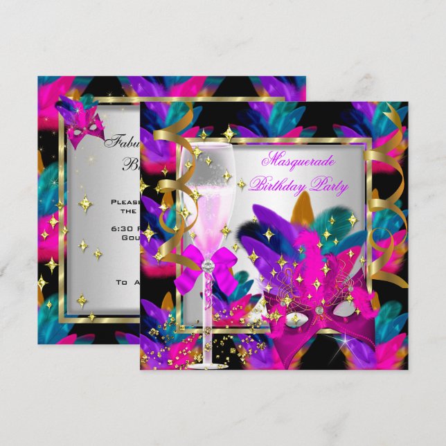 Invitación Fiesta de Cumpleaños Máscara Morada Rosa Azul Teal (Anverso / Reverso)