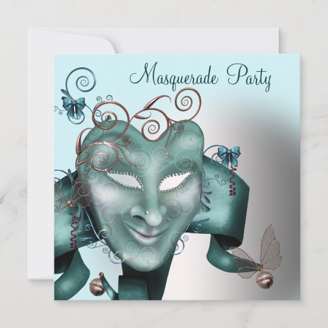 Invitación Fiesta de Cumpleaños Mascarada Azul Turquesa (Anverso)