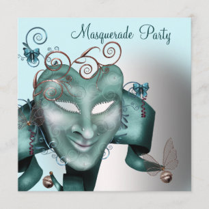 Invitación Fiesta de Cumpleaños Mascarada Azul Turquesa
