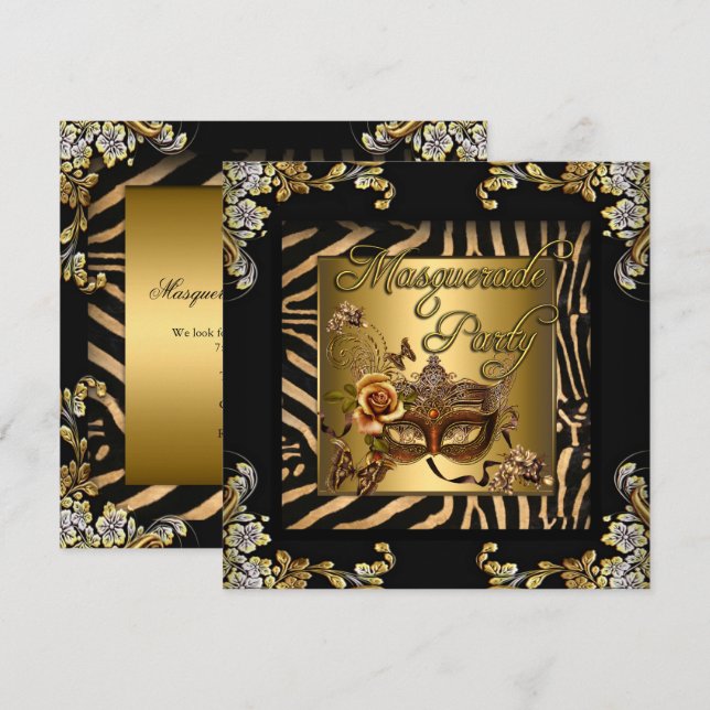 Invitación Fiesta de Cumpleaños Mascarada Cebra Café Negro Or (Anverso / Reverso)