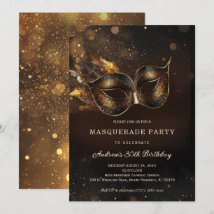 Invitación Fiesta de Cumpleaños Mascarada de Oro Negro