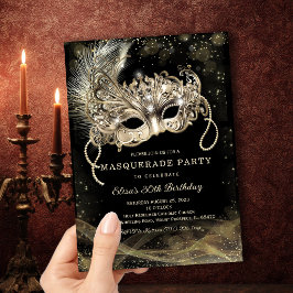 Invitación Fiesta de Cumpleaños Mascarada de Oro Negro