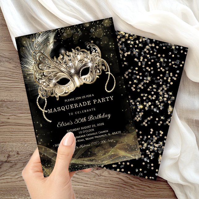 Invitación Fiesta de Cumpleaños Mascarada de Oro Negro (Subido por el creador)