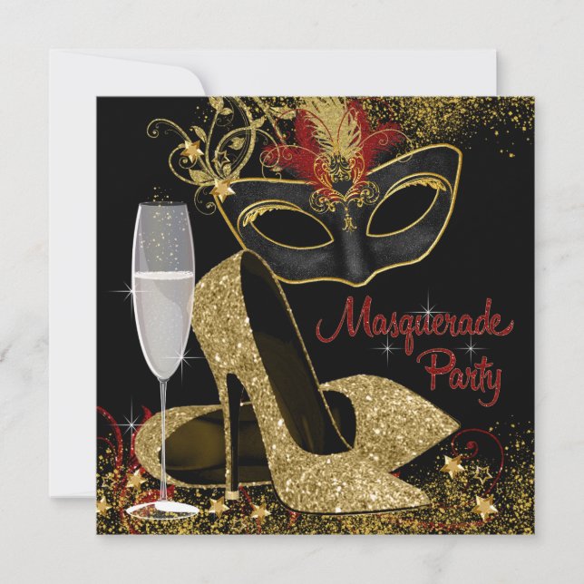 Invitación Fiesta de Cumpleaños Mascarada de Rojo, Negro y Do (Anverso)