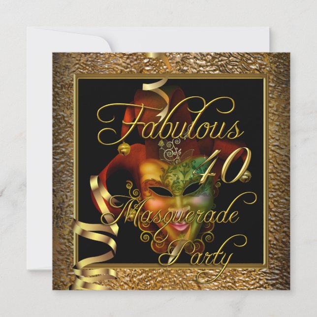Invitación Fiesta de Cumpleaños Mascarada Fabulosa 40 Dorado  (Anverso)