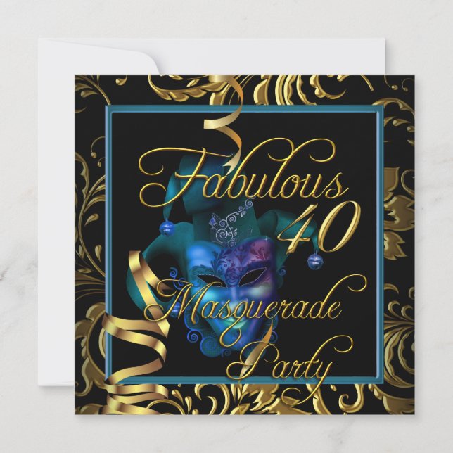 Invitación Fiesta de Cumpleaños Mascarada Fabulosa 40 Dorado  (Anverso)